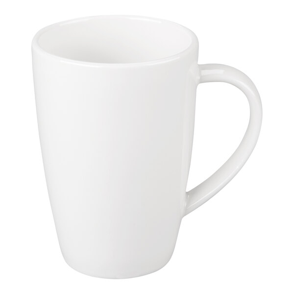 A plain white porcelain mug with a handle.