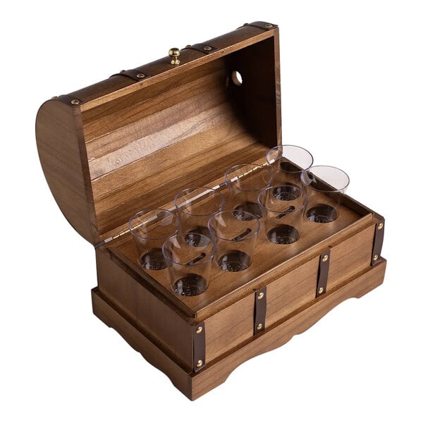 A wooden chest with clear glasses inside.