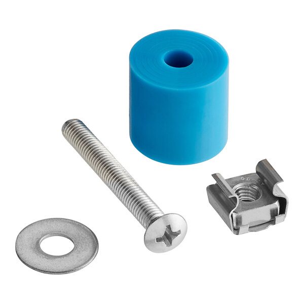 A blue plastic cylinder and bolt.