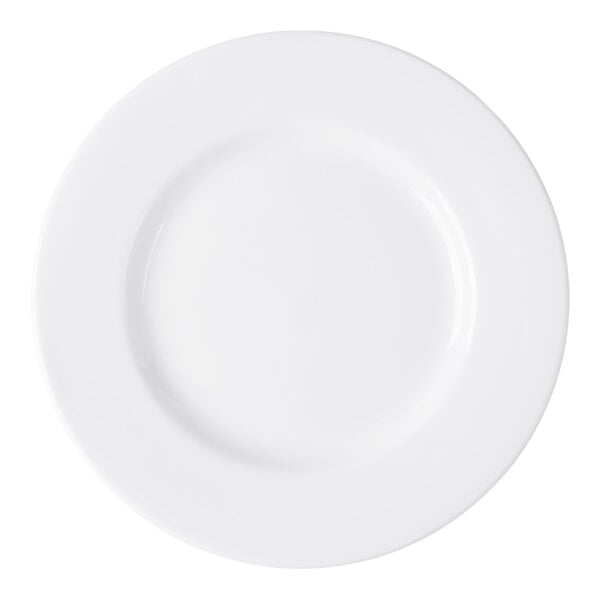 A plain, round, white plate with a wide rim viewed from above.