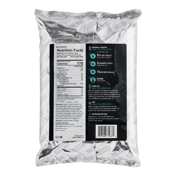 A package of Cappuccine Supreme Kona Mocha Frappe Mix with a label.