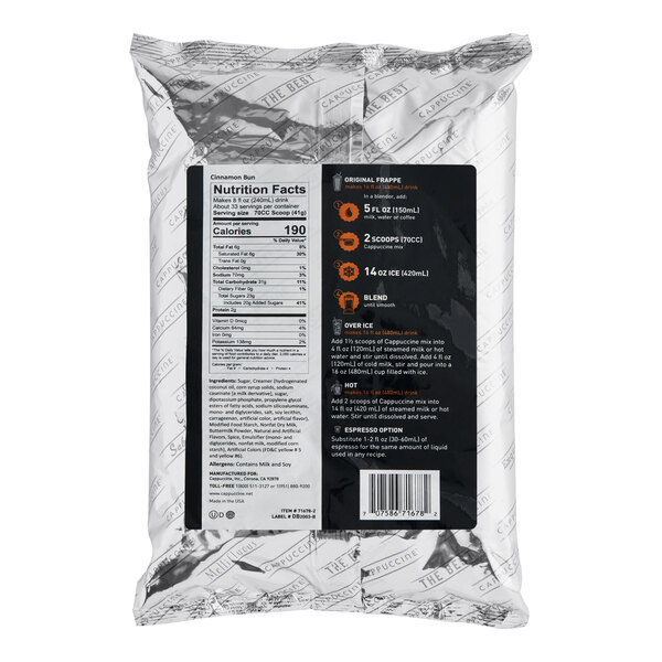 A package of Cappuccine Supreme Cinnamon Bun Frappe Mix with a label.