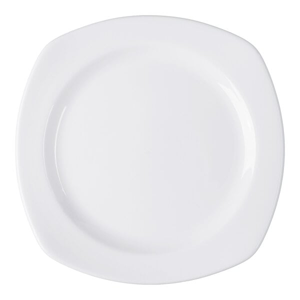 A white, square-shaped porcelain plate with rounded edges, viewed from above.