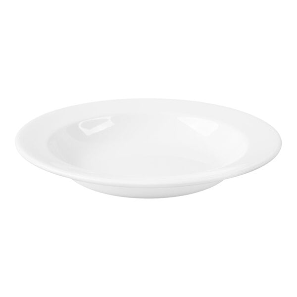 A plain white, round, deep-rimmed bowl with a smooth finish.