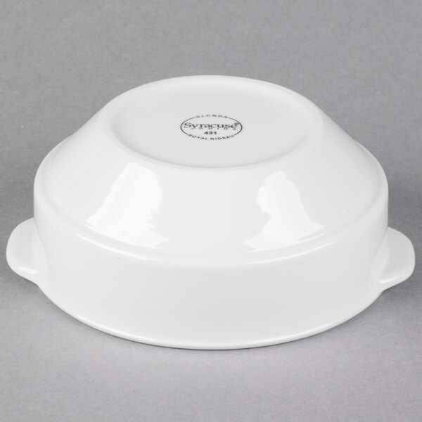 A Libbey Royal Rideau white porcelain soup cup with two handles and a lid.