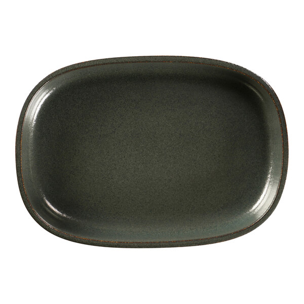 A dark green oval RAK Porcelain serving plate with a black rim.