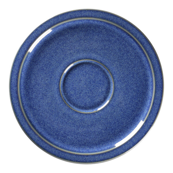 A cobalt blue porcelain saucer with a clear circle.