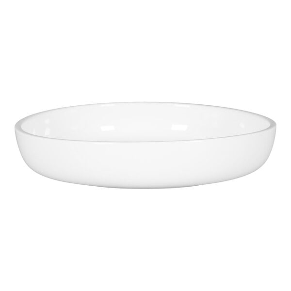 A RAK Porcelain white deep round plate with a white rim.