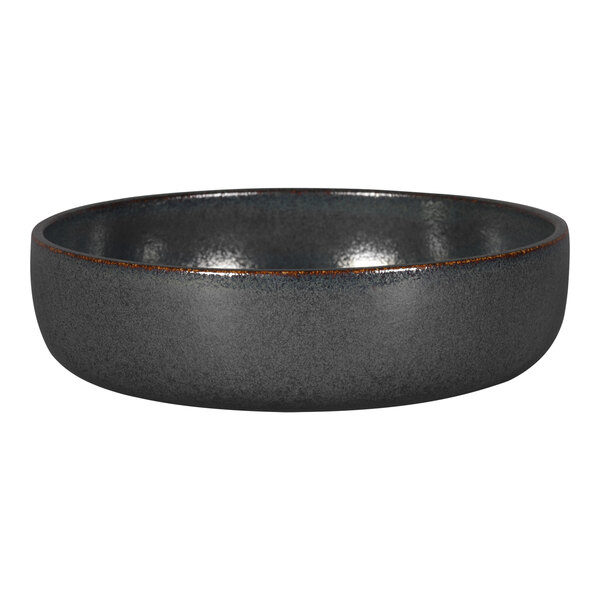 A black porcelain bowl with a brown rim.