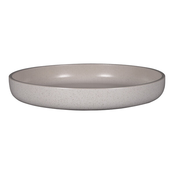 A white round porcelain plate with a gray speckled rim.