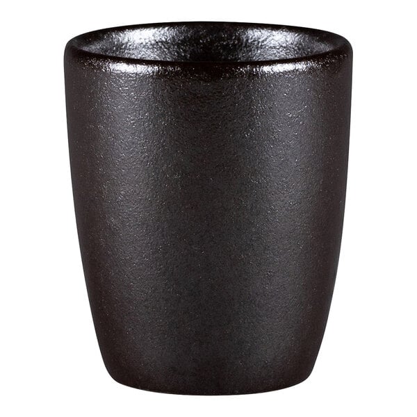 A black RAK Porcelain espresso cup with a silver rim on a white background.