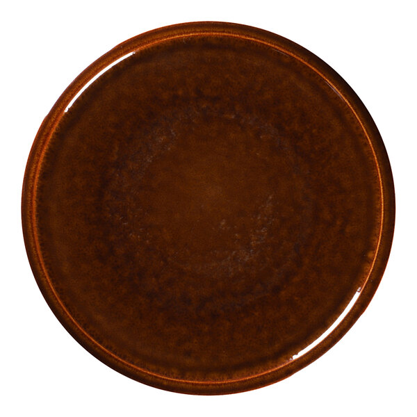 A brown RAK Porcelain plate with a white background and a circular rim.