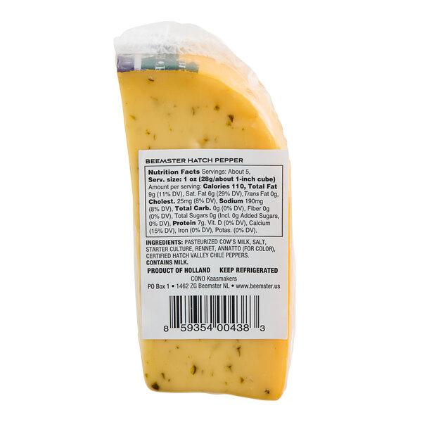 A package of Beemster Hatch Pepper Gouda Cheese with a white label.