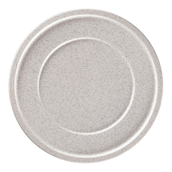 A white RAK Porcelain plate with a gray rim.