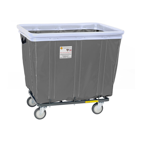 A gray vinyl laundry basket truck with swivel casters and white trim.