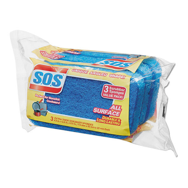 A dark blue S.O.S scrubber sponge in plastic packaging.