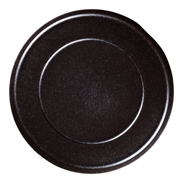 A black RAK Porcelain Forge porcelain plate with a round edge.