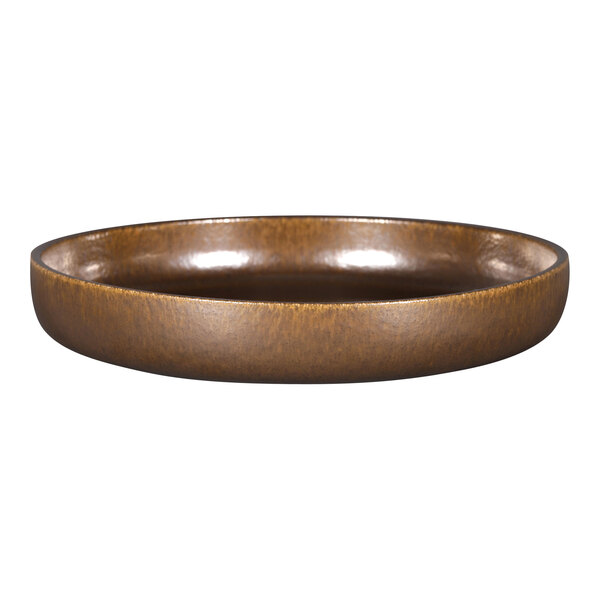A brown porcelain plate with a rim on it.