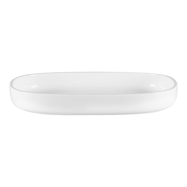 A white oval RAK Porcelain Ease plate with a white rim.