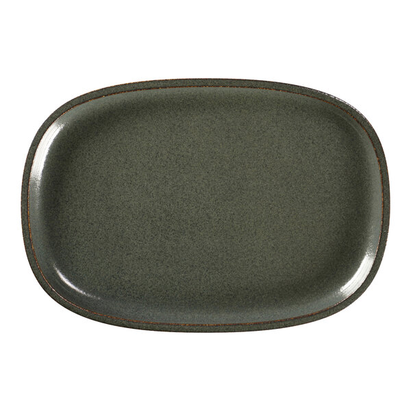 A close-up of a dark grey RAK Porcelain oval plate with a brown rim.