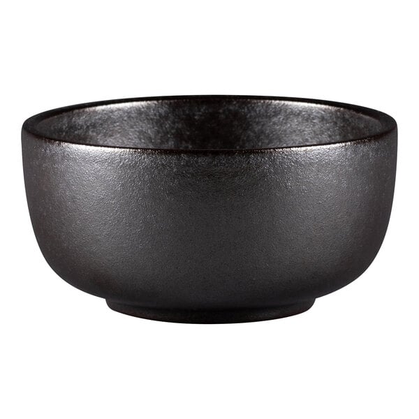 A black porcelain bowl with a silver rim.