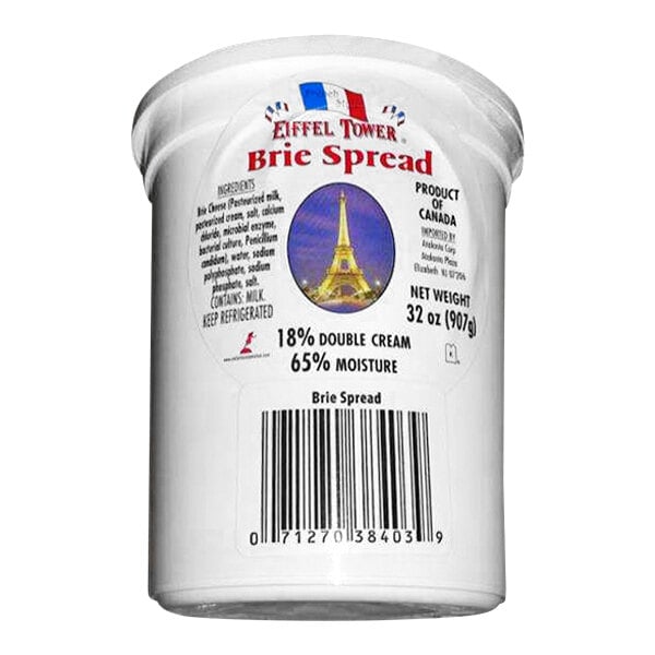 A white container of Eiffel Tower Brie Cheese Spread with a label.