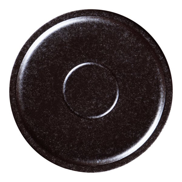 A black circular RAK Porcelain espresso saucer with a circle in the middle.