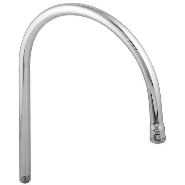 A silver curved faucet with a green knob.