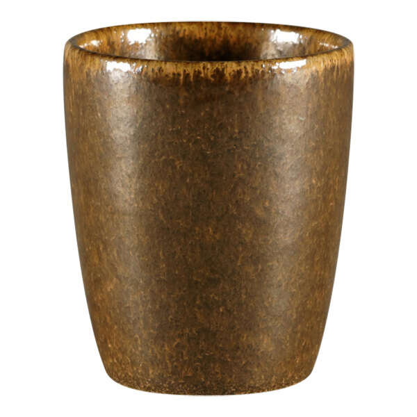 A brown ceramic cup with a white background.