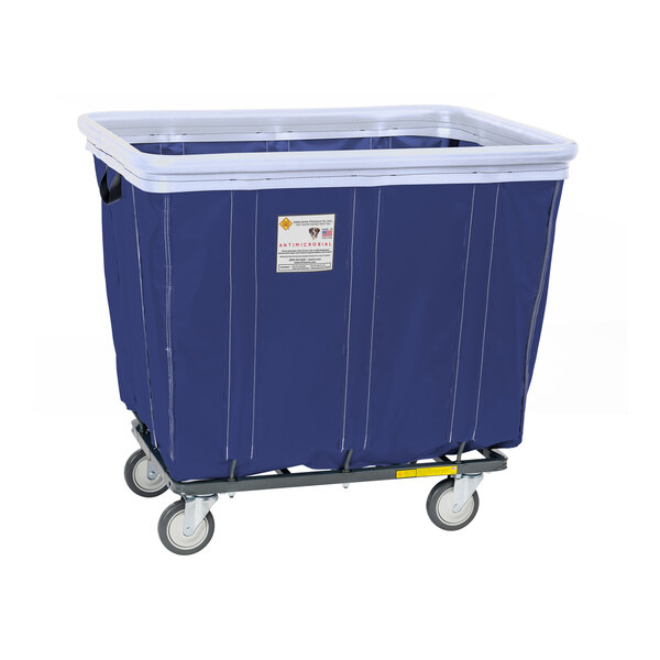 A navy blue plastic laundry cart with swivel casters.