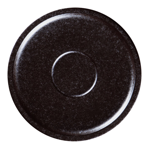 A black circular RAK Porcelain coffee cup saucer with a smaller circle in the middle.