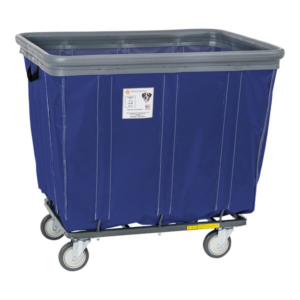 A navy blue vinyl laundry cart with swivel casters.