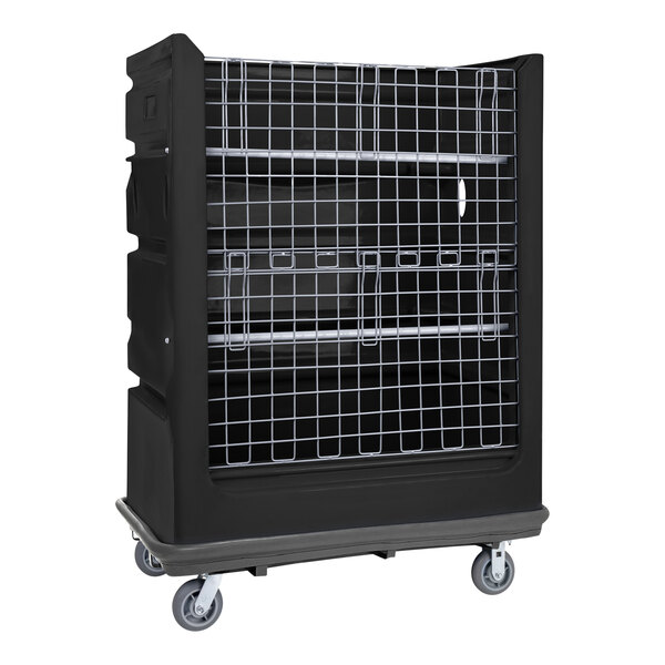 A black R&B Wire Products turnabout truck with metal mesh on wheels.