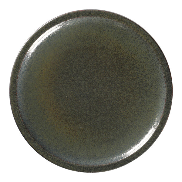 A close-up of a RAK Porcelain dark green flat porcelain plate with a brown rim.