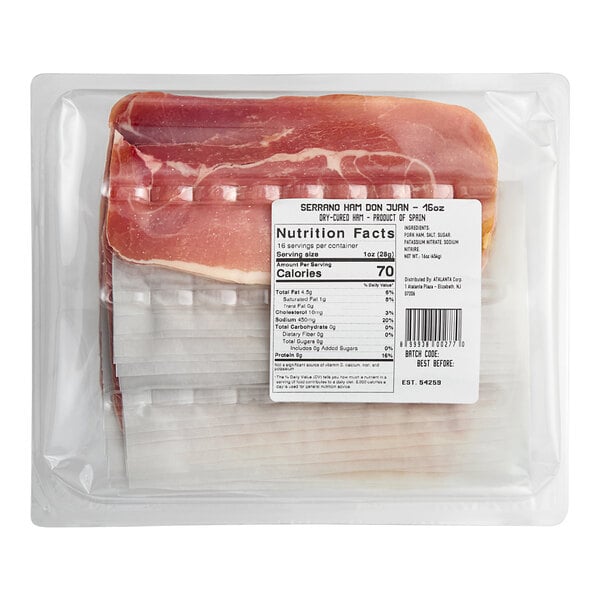 A package of Don Juan Sliced Dry-Aged Jamon Serrano with a label.