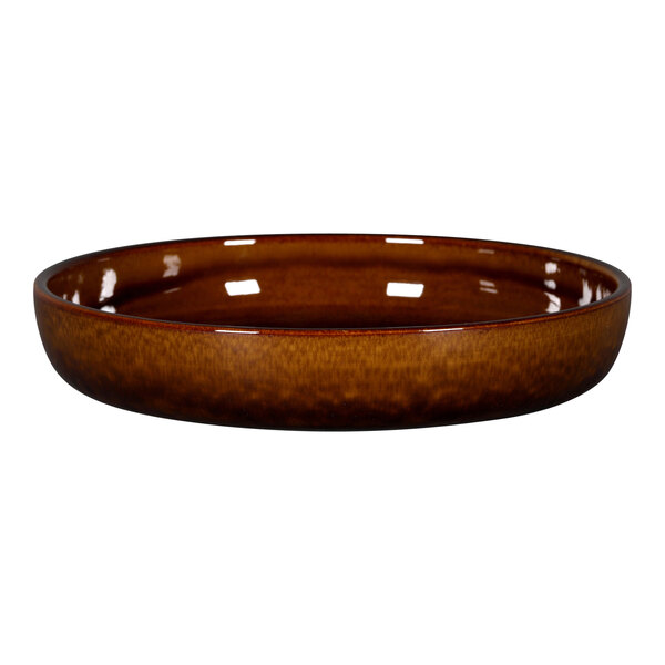 A brown RAK Porcelain round deep plate on a white background.