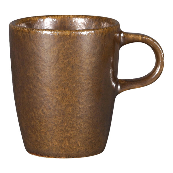 A brown RAK Porcelain espresso cup with a handle.