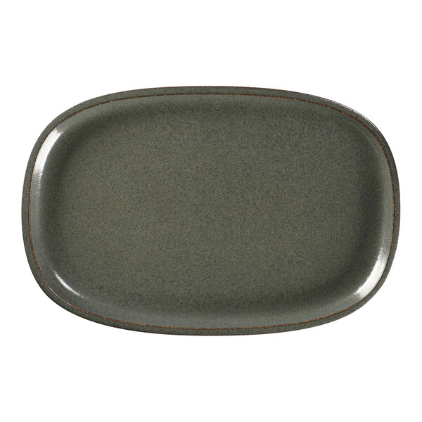 A dark gray RAK Porcelain oval plate with a brown rim.