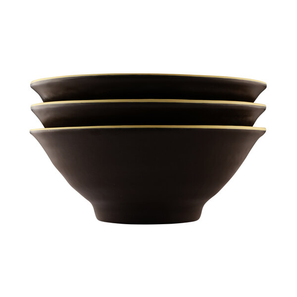 A stack of olive oil-colored Elite Global Solutions melamine bowls on a white background.