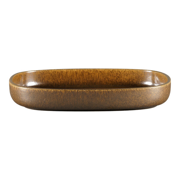 A brown oval RAK Porcelain dish with a white background.