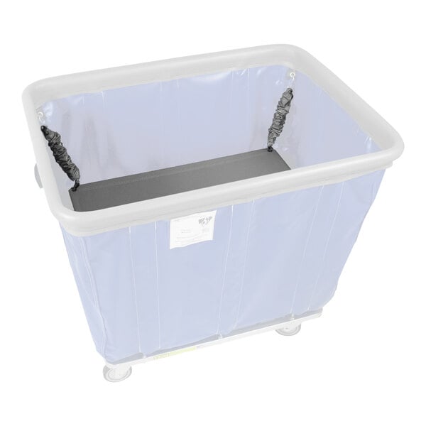 A gray spring platform lift for a blue vinyl basket truck.