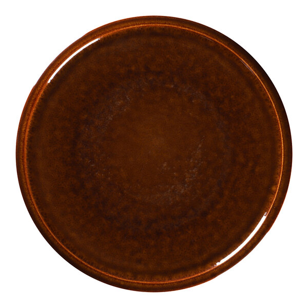 A brown plate with a circular rim on a white background.