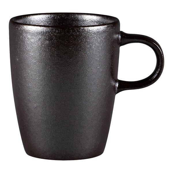 A black RAK Porcelain coffee mug with a handle.