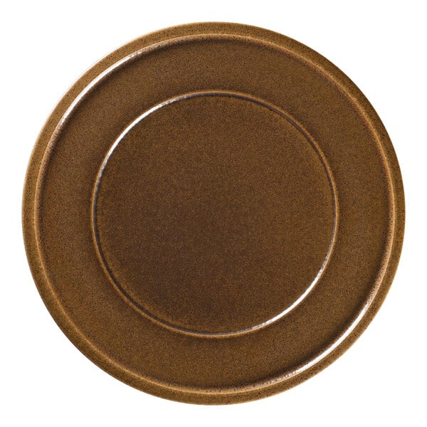 A brown porcelain plate with a circular rim.