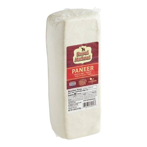 A white rectangular block of Royal Mahout Paneer Cheese with a red label.