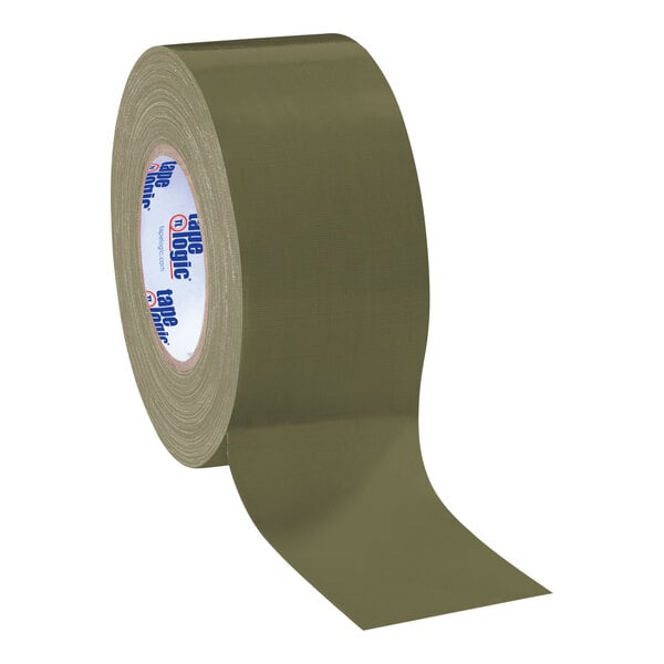 A roll of Tape Logic olive green duct tape with a clear label.
