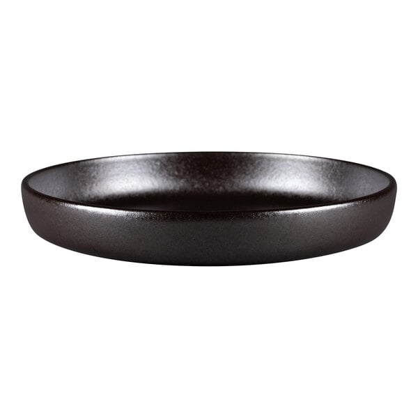 A black round RAK Porcelain deep porcelain plate.