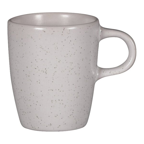A white porcelain espresso cup with a handle.