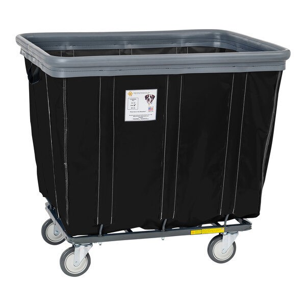 A black and grey vinyl laundry basket truck with swivel casters.