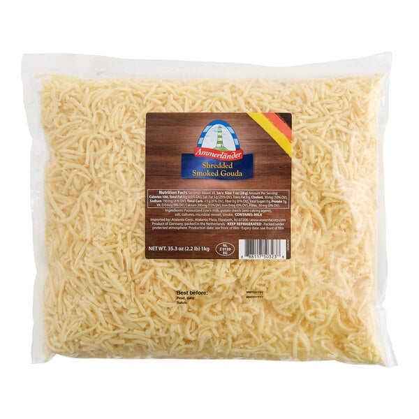 A package of Ammerlander Shredded Smoked Gouda Cheese on a white background with a label.